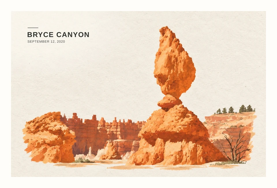 An orange desert spire in a Paper Poem postcard. Bryce Canyon, September 12, 2020.