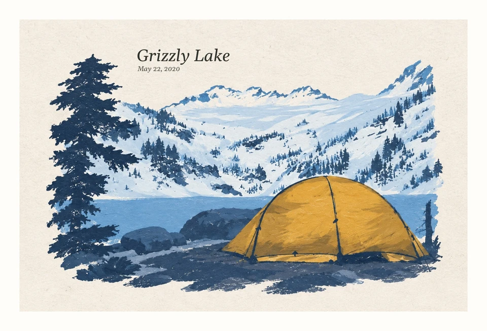 A yellow tent beneath snowy mountains, illustrated as a Paper Poem postcard. Grizzly Lake, May 22, 2020.