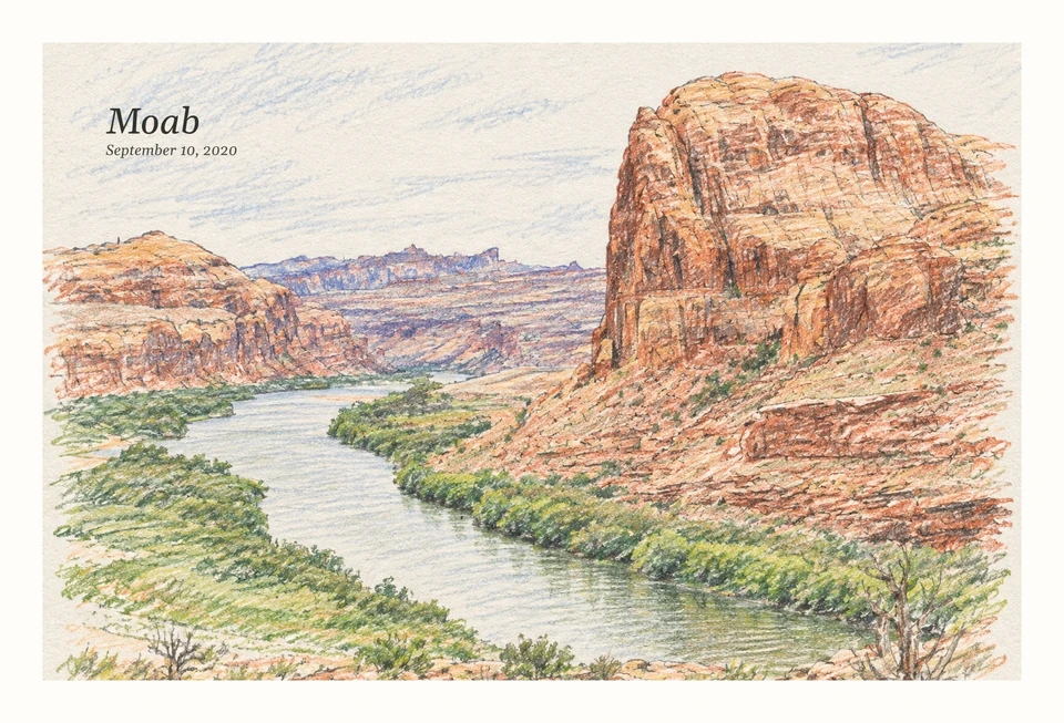 A river winding between red canyon walls in a Sketch Note postcard. Moab, September 10, 2020.
