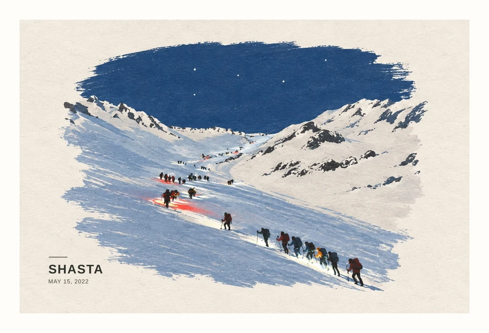 A line of climbers with headlamps ascending a snowy mountain in a Paper Poem postcard. Shasta, May 15, 2022.