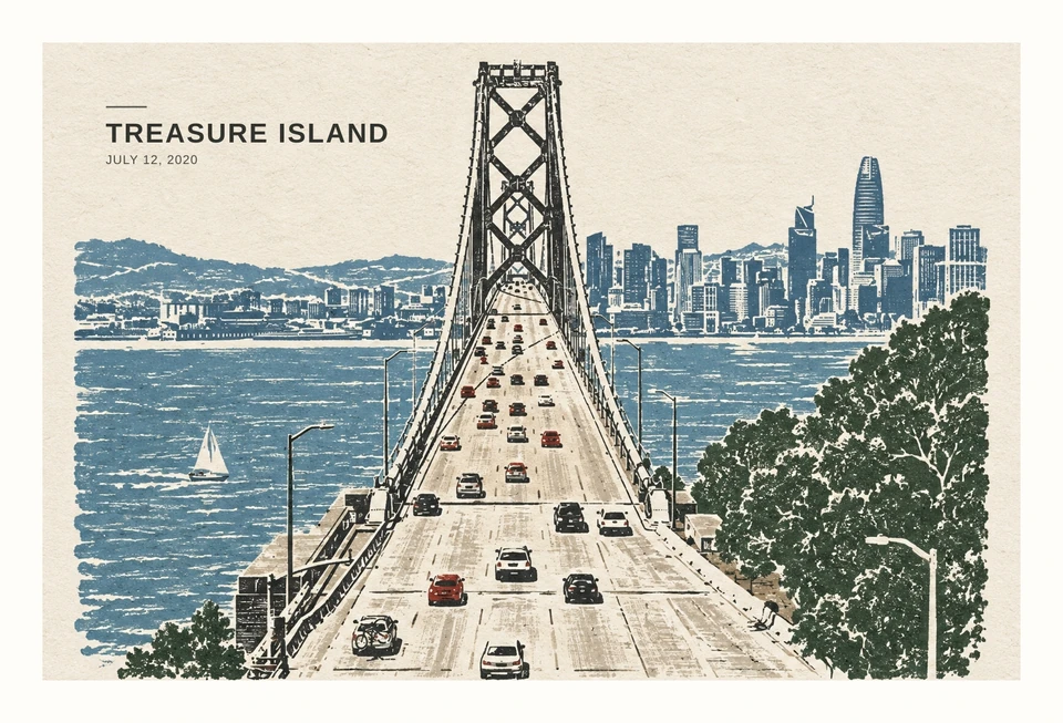 The Bay Bridge and San Francisco skyline in a Field Print postcard. Treasure Island, July 12, 2020.