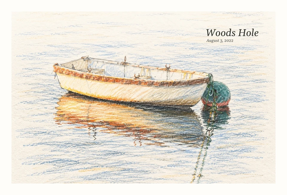 A small boat reflected in golden water in a Sketch Note postcard. Woods Hole, August 3, 2022.